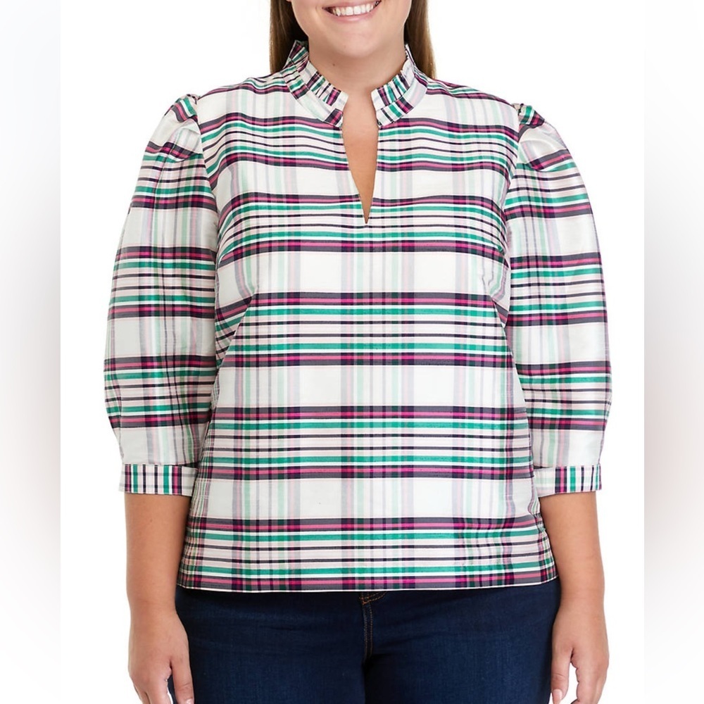 Crown & Ivy • 3/4 Sleeve Ruffle Split Neck Top
